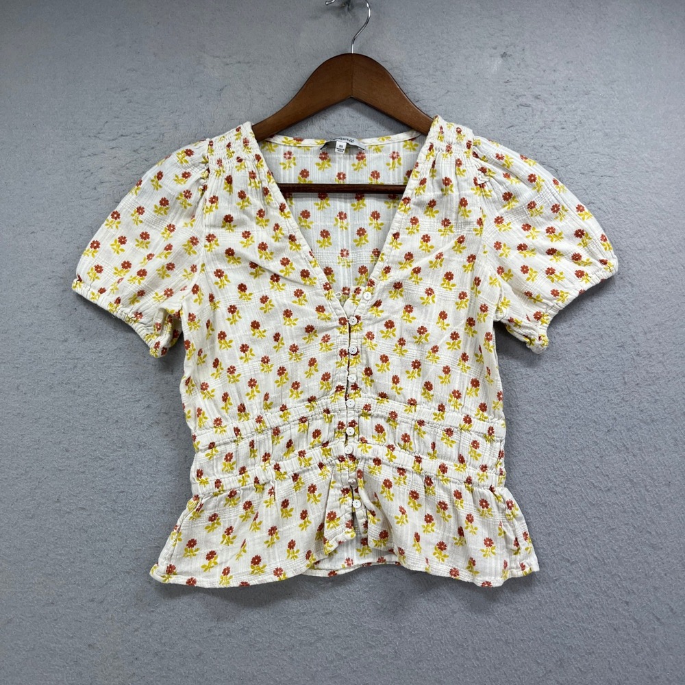 Madewell Top Women XS White Floral Button Up Peplum Short Sleeve Dobby Boho Chic